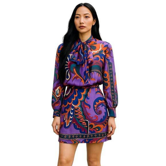 Zara Dresses & Skirts - Zara Multicolor Psychedelic Print Tie-Neck Mini Dress Size S